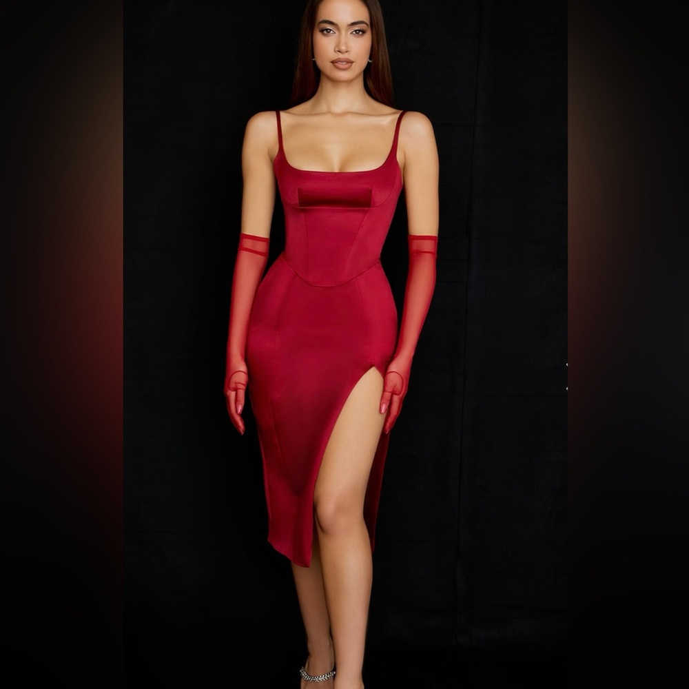 COPY - House of CB “Casamira” wine satin corset midi dress size M